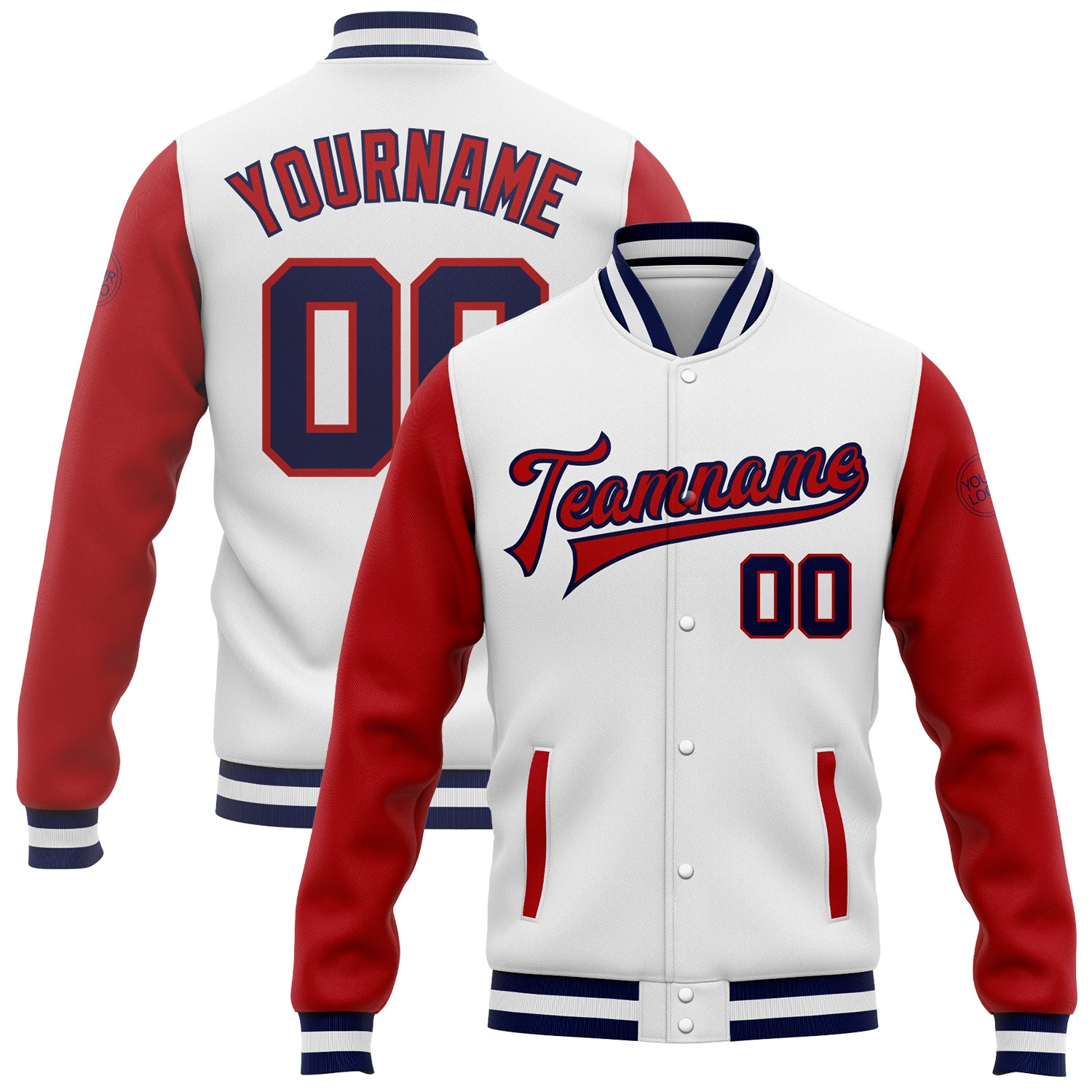 Custom Name and Number Bomber Jacket for Team - Personalized Two-Tone Varsity Letterman in White, Navy, and Red Personalized