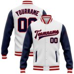 Personalized Two Tone Varsity Jacket in White Navy-Red Bomber Style Full-Snap Personalized White Navy-Red Bomber Full-Snap