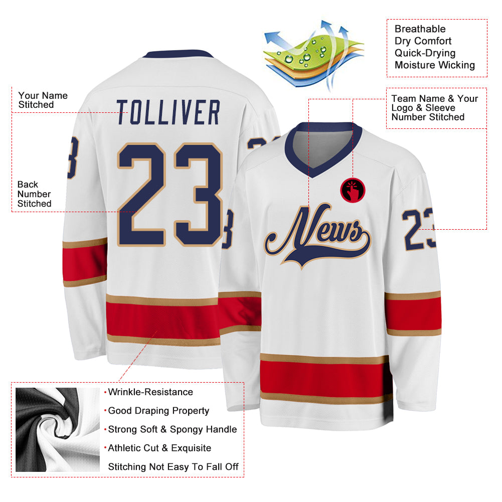 Personalized White Navy-Red Hockey Jersey Personalized Hockey Jersey in White with Navy and Red - Custom Team Apparel Personalized White Navy-Red Hockey Jersey - Image 2