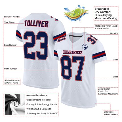 Custom Personalized Football Jersey with Team Name and Number, White Navy-Red Mesh Authentic Design Personalized White Navy-Red