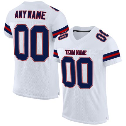 Custom Personalized Football Jersey with Team Name and Number, White Navy-Red Mesh Authentic Design Personalized White Navy-Red