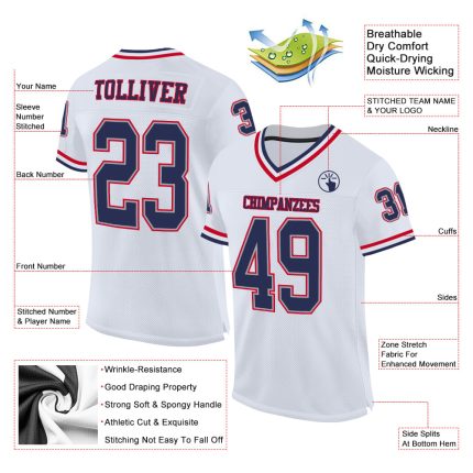 Personalized Throwback Football Jersey - Authentic White Navy Red Mesh Personalized White Navy-Red Mesh Authentic Throwback