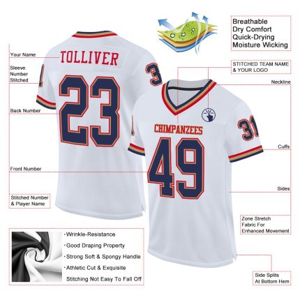Custom Personalized Football Jersey - Authentic White Navy-Red Mesh with Custom Name and Number Personalized White Navy-Red