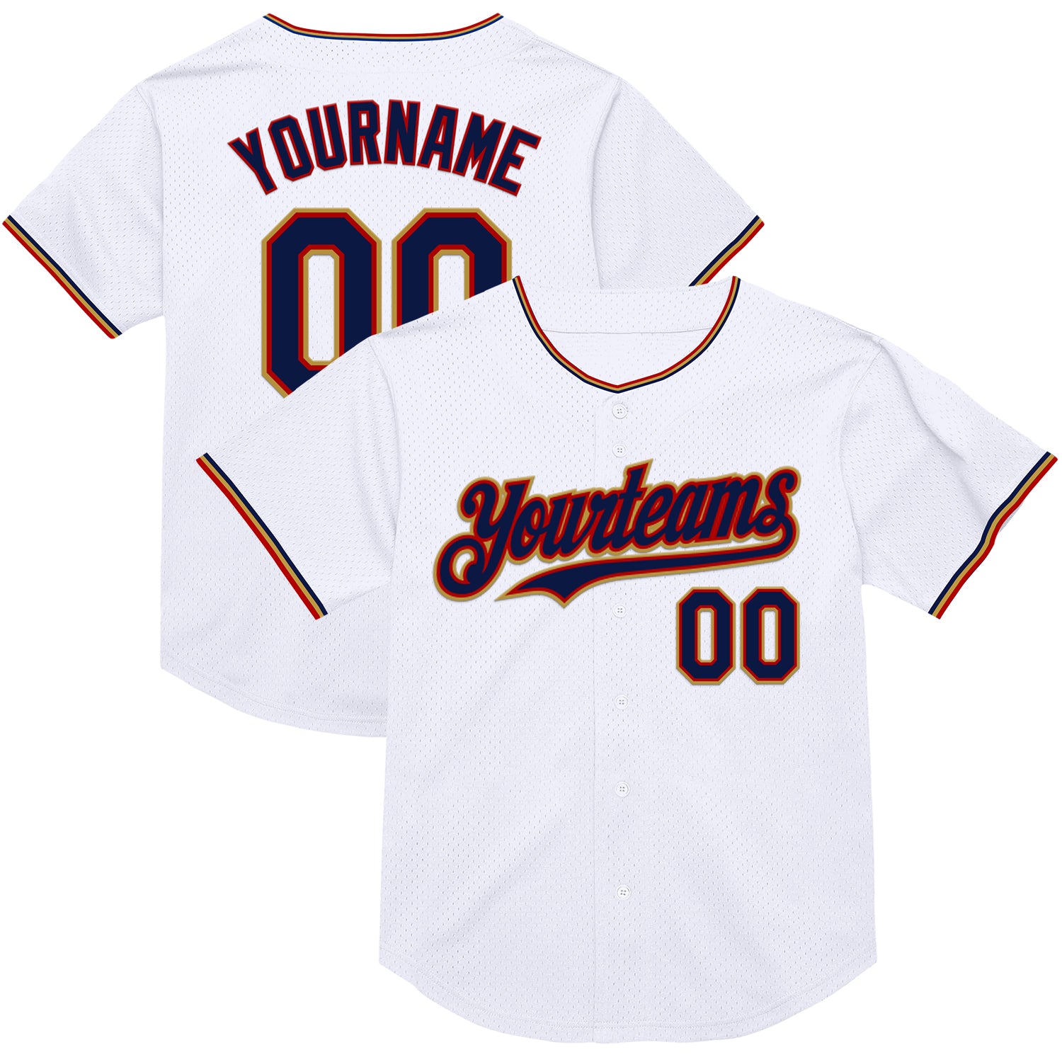 Custom Throwback Baseball Jersey - Personalized Team Name & Number - White Navy Red Gold Mesh Personalized White Navy Red-Old