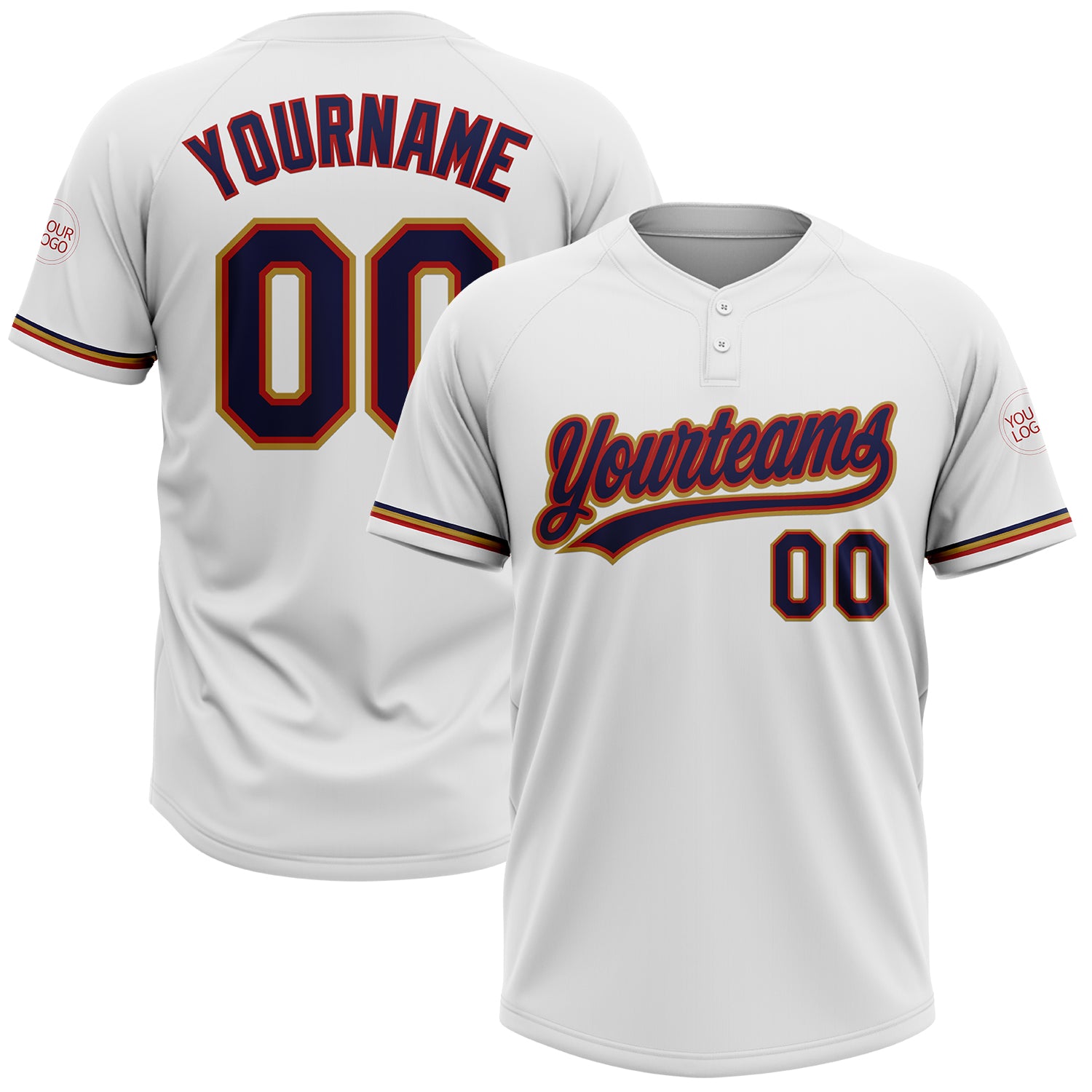 Customizable Unisex Softball Jersey with Name & Number - Two-Button Design in White, Navy, Red & Old Gold Personalized White