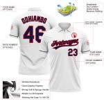 Custom Performance Vapor Golf Polo Shirt with Name and Number - Personalized White Navy-Red Design Personalized White Navy-Red