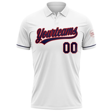 Custom Performance Vapor Golf Polo Shirt with Name and Number - Personalized White Navy-Red Design Personalized White Navy-Red