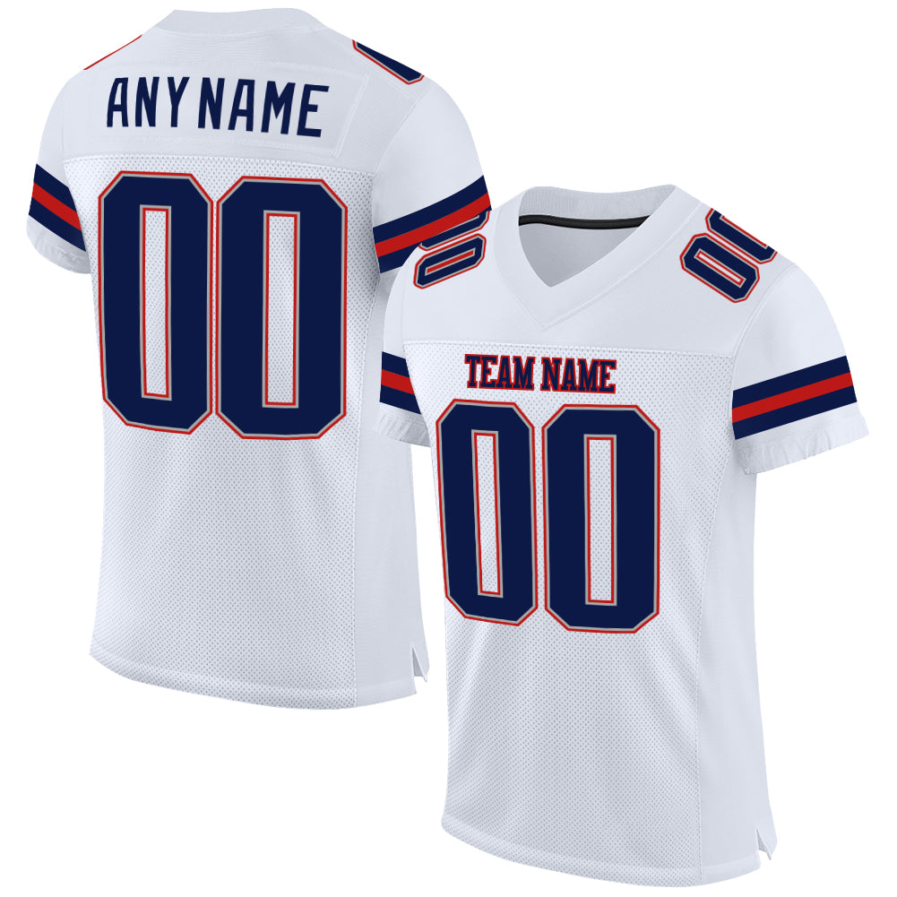 Customizable White and Navy-Scarlet Mesh Football Jersey with Personalized Name and Number - Team Apparel Personalized White