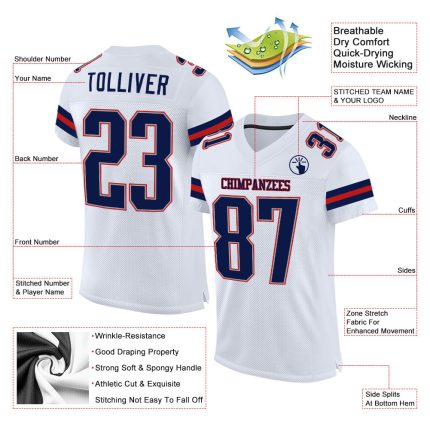Customizable White and Navy-Scarlet Mesh Football Jersey with Personalized Name and Number - Team Apparel Personalized White
