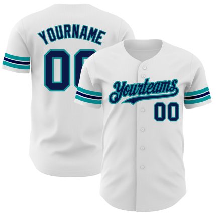 Personalized Authentic Baseball Jersey in White, Navy, and Teal Colors Personalized White Navy-Teal Authentic Baseball Jersey