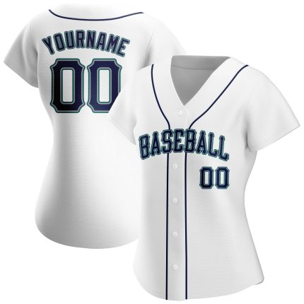 Custom Name and Number Personalized Baseball Jersey in White Navy Teal - Authentic Team Apparel Personalized White Navy-Teal