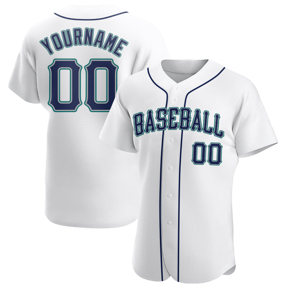 Custom Name and Number Personalized Baseball Jersey in White Navy Teal - Authentic Team Apparel Personalized White Navy-Teal
