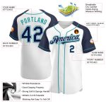 Custom Name and Number Baseball Jersey - Personalized White Navy-Teal Authentic Raglan Sleeves Team Apparel Personalized