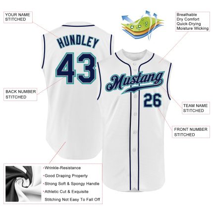Custom Name and Number Personalized Baseball Jersey - White Navy Teal Authentic Sleeveless Team Apparel Personalized White