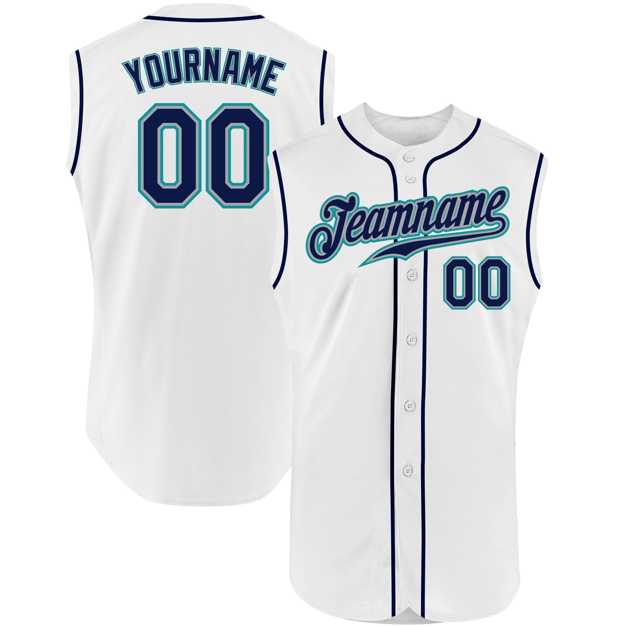 Custom Name and Number Personalized Baseball Jersey - White Navy Teal Authentic Sleeveless Team Apparel Personalized White