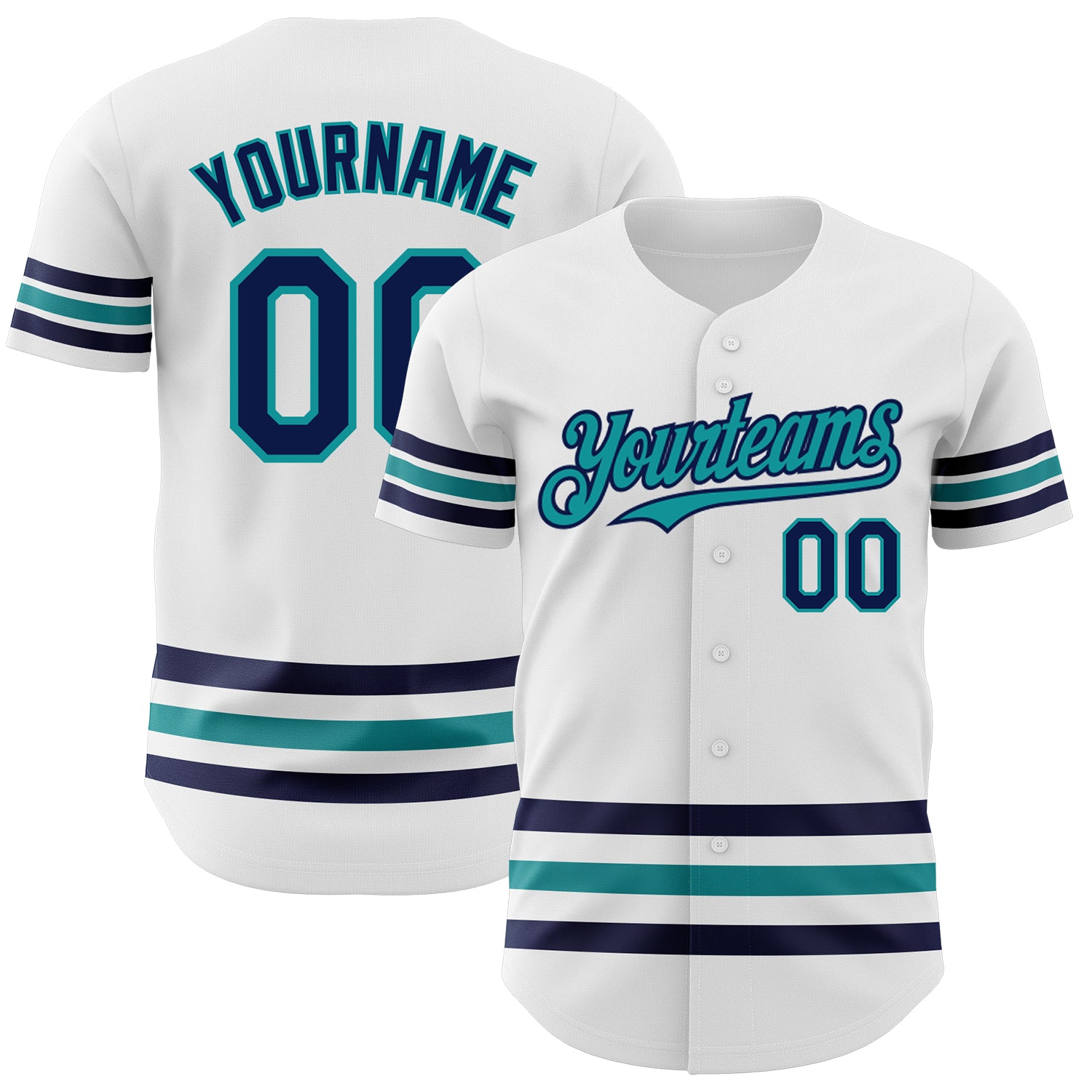 Custom Name and Number Authentic Baseball Jersey - Personalized White Navy Teal Line Team Apparel Personalized White Navy-Teal