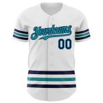 Custom Name and Number Authentic Baseball Jersey - Personalized White Navy Teal Line Team Apparel Personalized White Navy-Teal