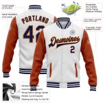 Custom Two Tone Bomber Jacket with Personalized Name and Number in White Navy and Texas Orange - Varsity Letterman Style
