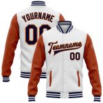Custom Two Tone Bomber Jacket with Personalized Name and Number in White Navy and Texas Orange - Varsity Letterman Style