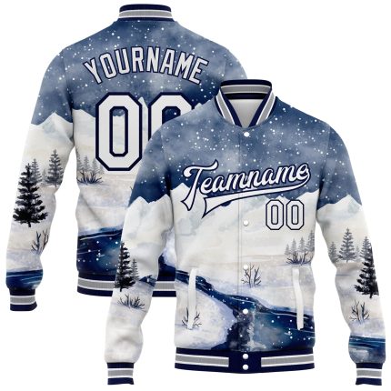 Personalized Winter Snow Landscape 3D Pattern Bomber Jacket Custom Team Name & Number - Varsity Full-Snap Design Personalized
