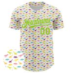 Personalized Dinosaur Baseball Jersey with Custom Name & Number, White Neon Green 3D Pattern Design, Authentic Team Apparel