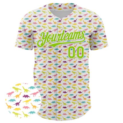 Personalized Dinosaur Baseball Jersey with Custom Name & Number, White Neon Green 3D Pattern Design, Authentic Team Apparel