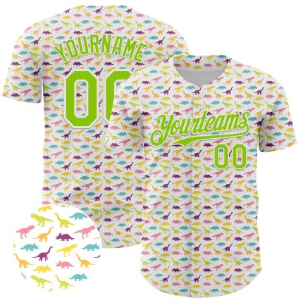 Personalized Dinosaur Baseball Jersey with Custom Name & Number, White Neon Green 3D Pattern Design, Authentic Team Apparel