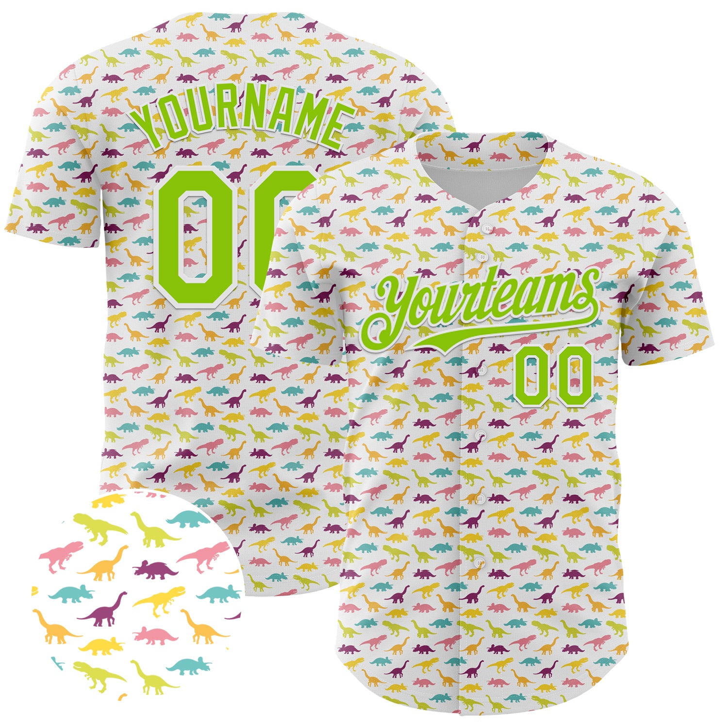 Personalized Dinosaur Baseball Jersey with Custom Name & Number, White Neon Green 3D Pattern Design, Authentic Team Apparel