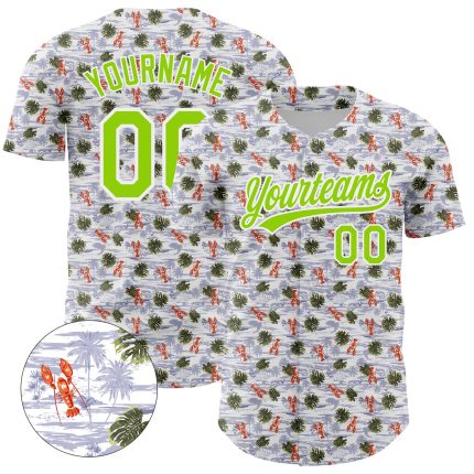 Custom Name and Number Baseball Jersey with 3D Lobster and Hawaii Palm Trees Design - Personalized White and Neon Green Personalized