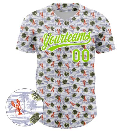 Custom Name and Number Baseball Jersey with 3D Lobster and Hawaii Palm Trees Design - Personalized White and Neon Green Personalized