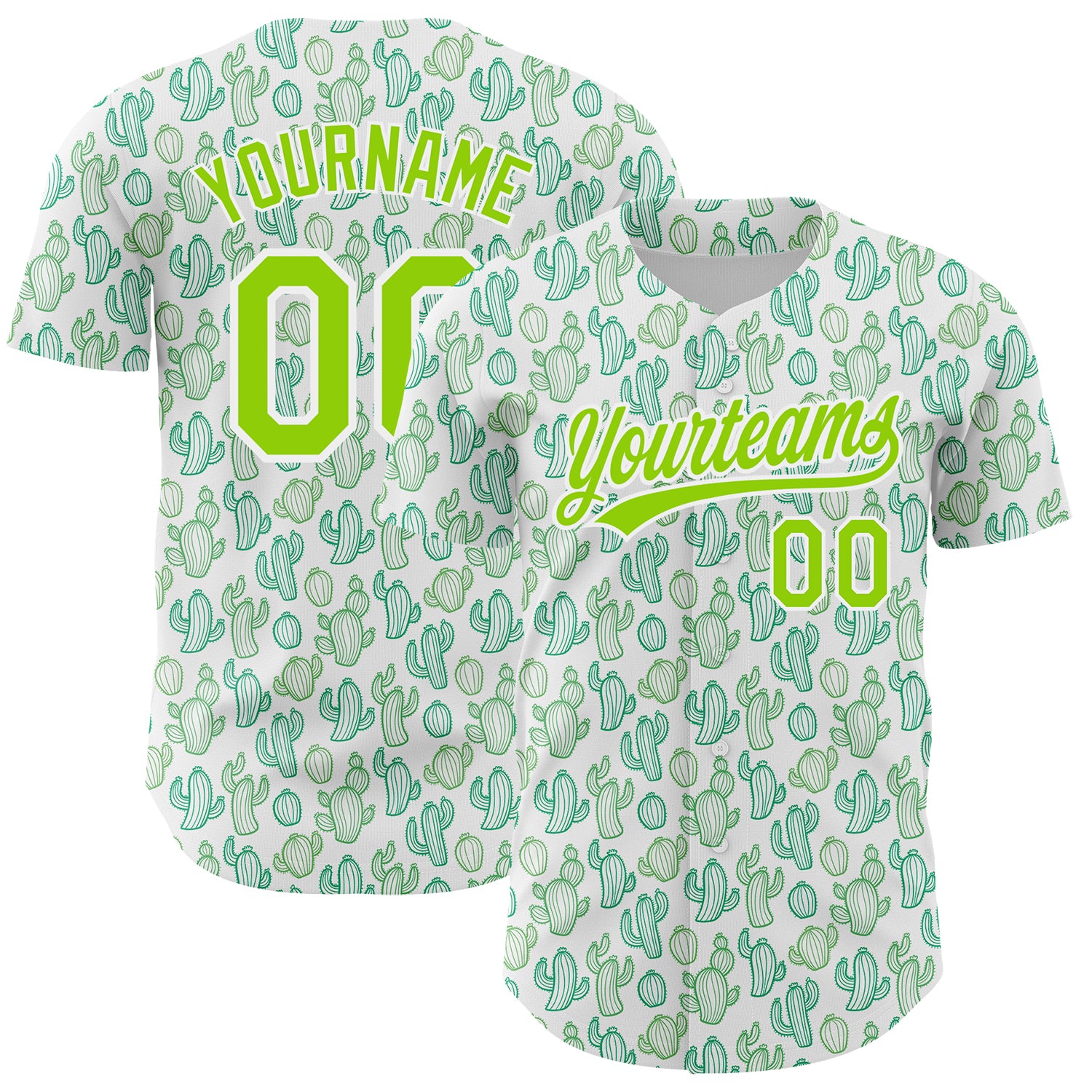 Custom Name and Number Authentic Baseball Jersey with 3D Neon Green Cactus Festival Pattern - Personalized Design Personalized