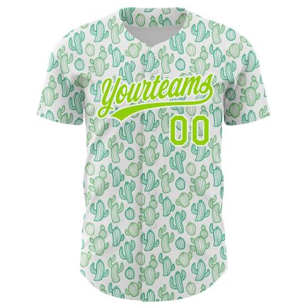 Custom Name and Number Authentic Baseball Jersey with 3D Neon Green Cactus Festival Pattern - Personalized Design Personalized