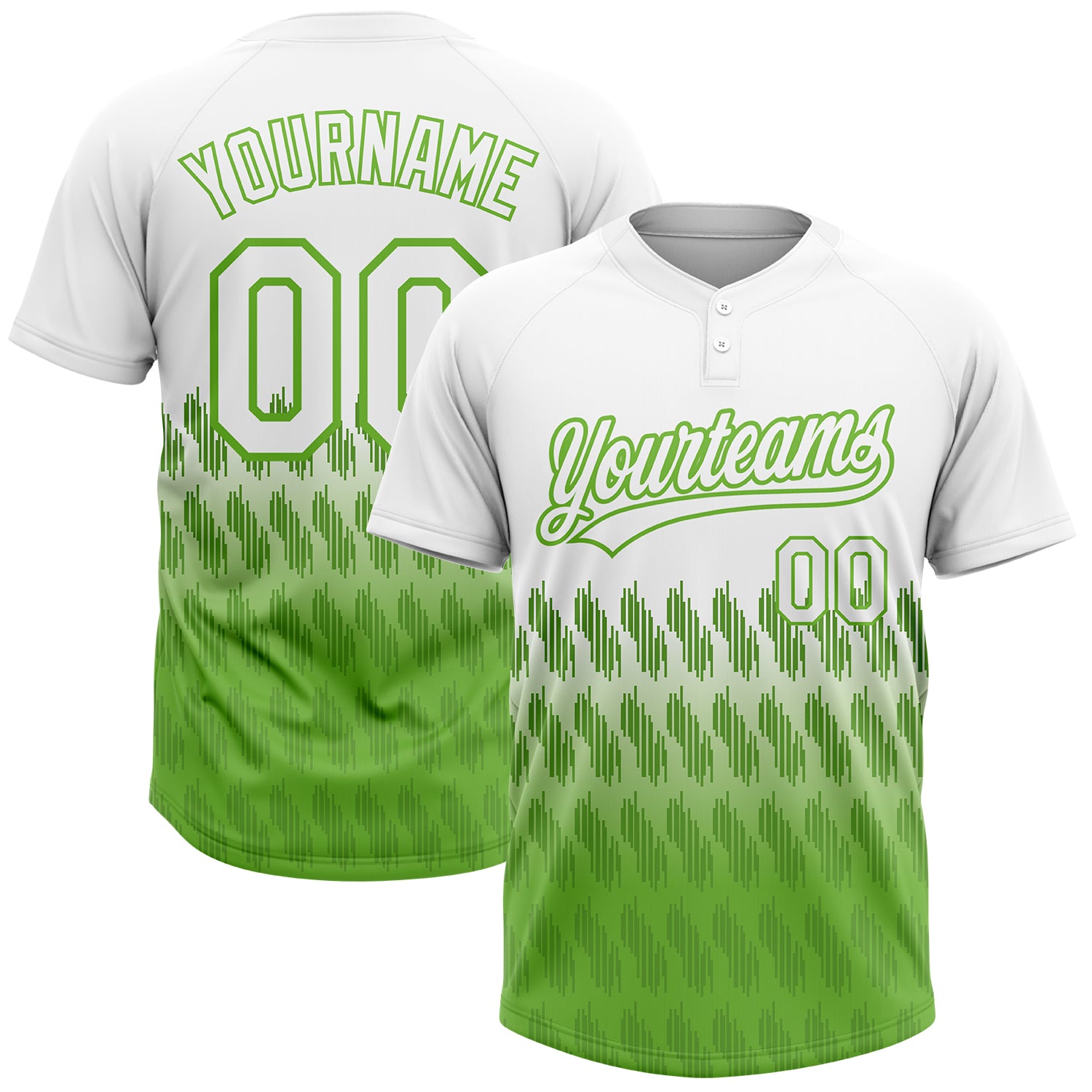 Custom Neon Green 3D Lines Softball Jersey Unisex Personalized Name & Number - Two-Button Design Personalized White Neon