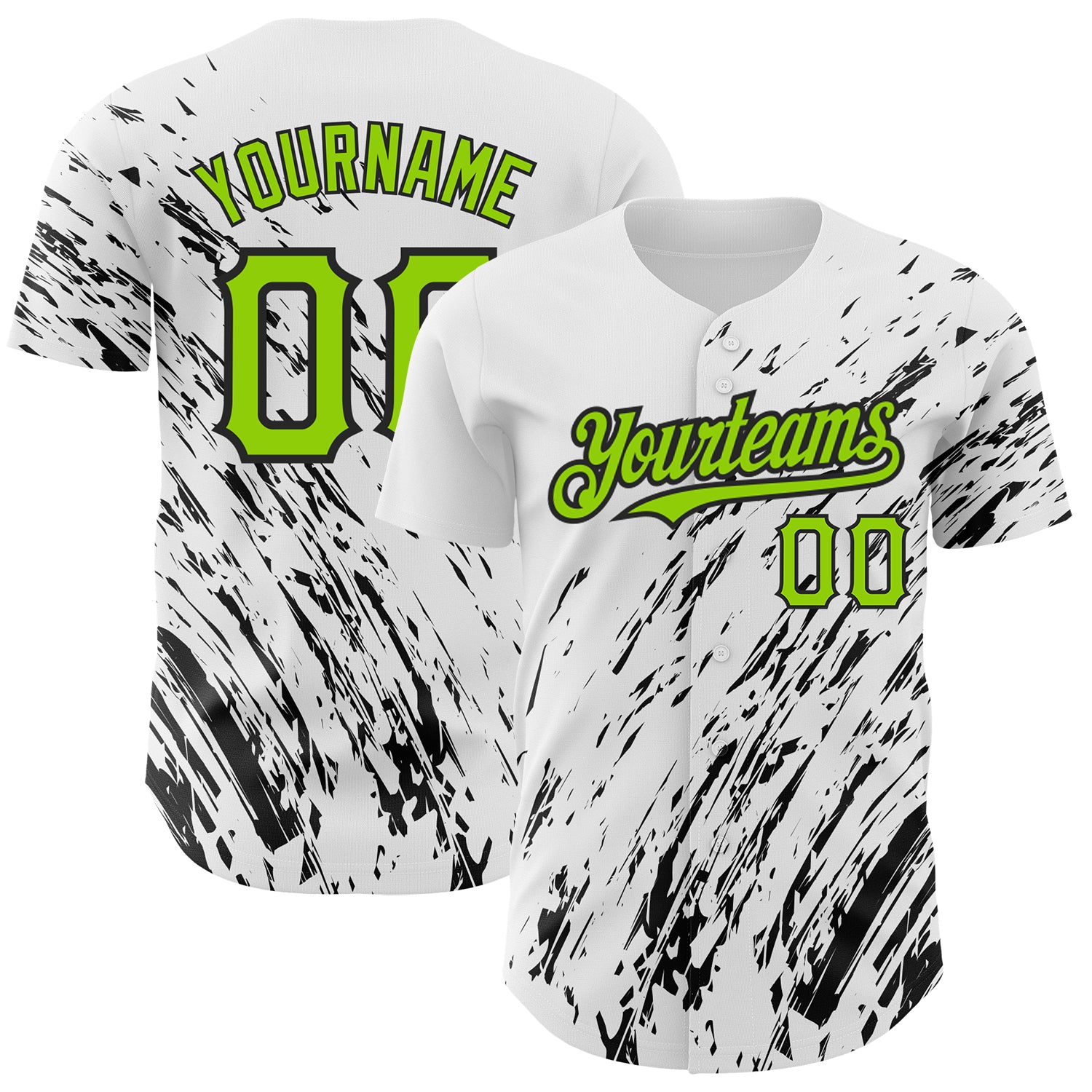 Personalized 3D Pattern Baseball Jersey Custom Name and Number - White Neon Green-Black Abstract Design Personalized White