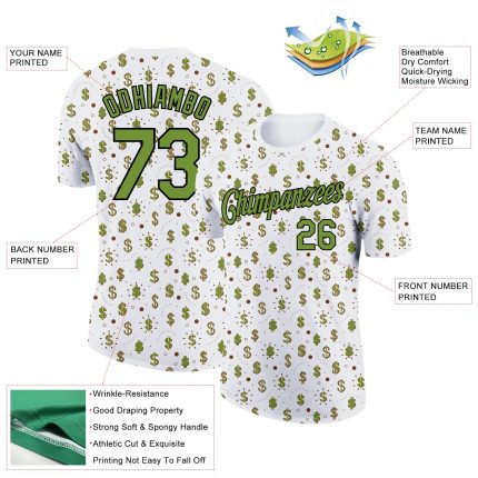 Custom Dollar Sign Money Theme Performance T-Shirt with 3D Green-Black Design, Personalized Name and Number Personalized