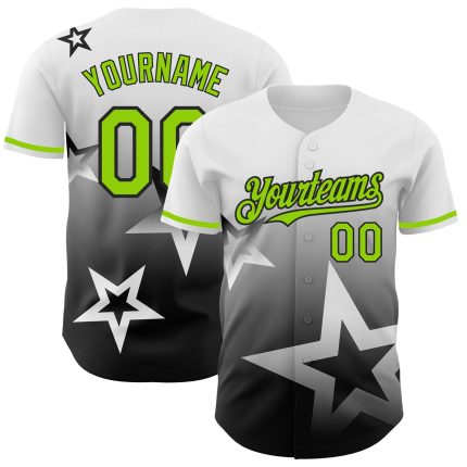 Custom Baseball Jersey with Personalized Name and Number, White Neon Green-Black 3D Twinkle Star Design Personalized White