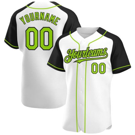 Custom Name and Number Baseball Jersey in White Neon Green-Black Authentic Raglan Sleeves Personalized White Neon Green-Black