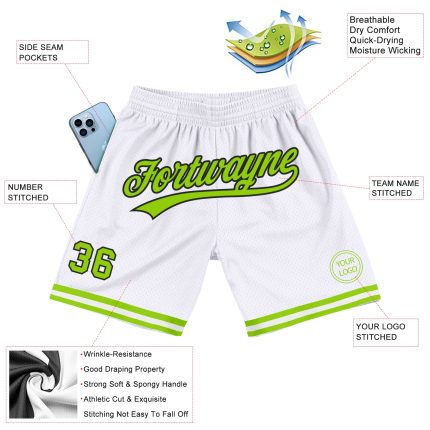 Custom Basketball Shorts with Name and Number - Personalized Neon Green-Black Throwback Style Personalized White Neon Green-Black