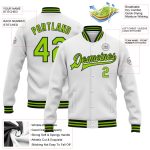 Custom Personalized Bomber Varsity Jacket with Neon Green and Black, Full-Snap Design, Team Name and Number Personalized