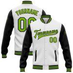 Personalized Green Black Letterman Bomber Jacket Full-Snap Two Tone Varsity Personalized White Neon Green-Black Bomber Full-Snap