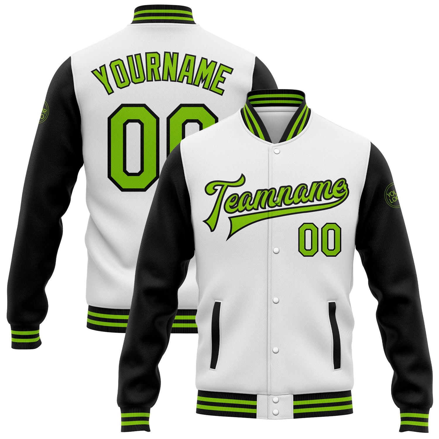 Personalized Green Black Letterman Bomber Jacket Full-Snap Two Tone Varsity Personalized White Neon Green-Black Bomber Full-Snap