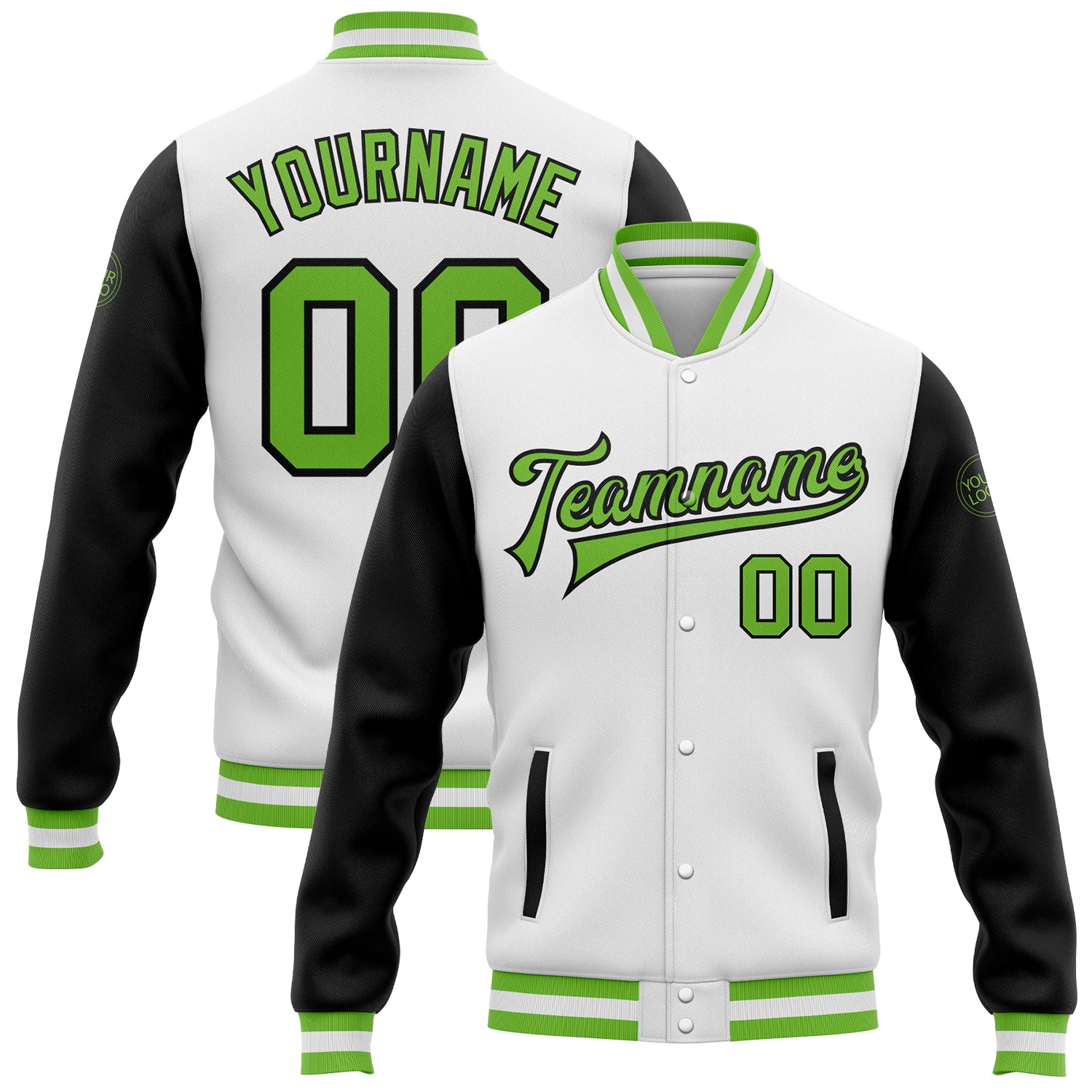 Custom Team Name and Number Bomber Jacket Neon Green Black Full-Snap Varsity Letterman Two Tone Personalized White Neon Green-Black