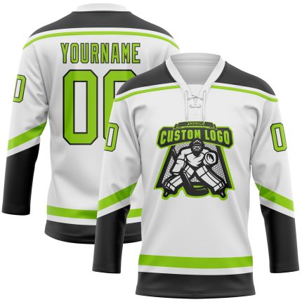 Custom Name Number Hockey Jersey - Personalized White Neon Green Black Lace Neck Team Apparel Personalized White Neon Green-Black