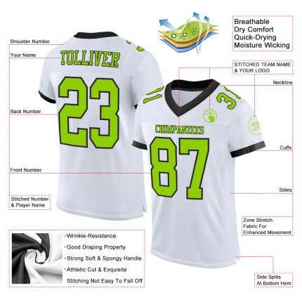Custom Neon Green-Black Mesh Football Jersey with Personalized Name & Number - Authentic Team Gear Personalized White Neon