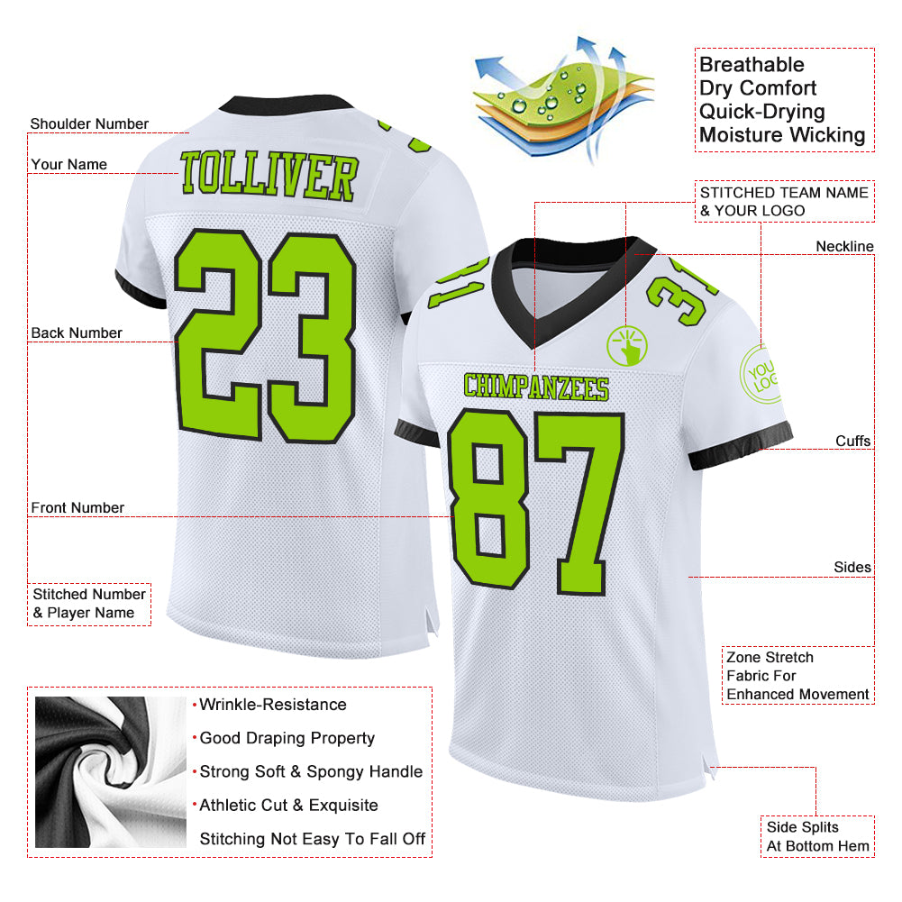 Personalized White Neon Green-Black Mesh Authentic Football Jersey Team Custom Name and Number Custom Neon Green-Black Mesh Football Jersey with Personalized Name & Number - Authentic Team Gear Personalized White Neon - Image 2