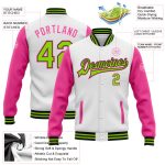 Custom Team Name & Number Bomber Jacket - Personalized Two Tone White Green Black Pink Varsity Letterman Full-Snap Personalized