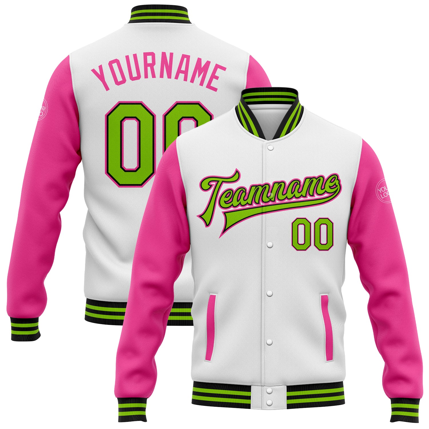 Custom Team Name & Number Bomber Jacket - Personalized Two Tone White Green Black Pink Varsity Letterman Full-Snap Personalized