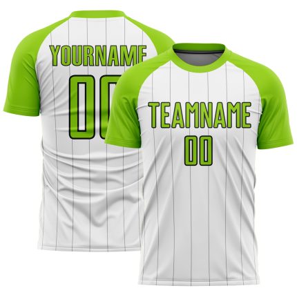 Personalized Sublimation Soccer Uniform Jersey with Custom Name & Number - White Neon Green-Black Pinstripe Design Personalized