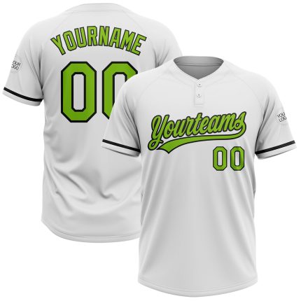 Personalized Unisex Softball Jersey - White Neon Green and Black, Two-Button Design Personalized White Neon Green-Black Two-Button