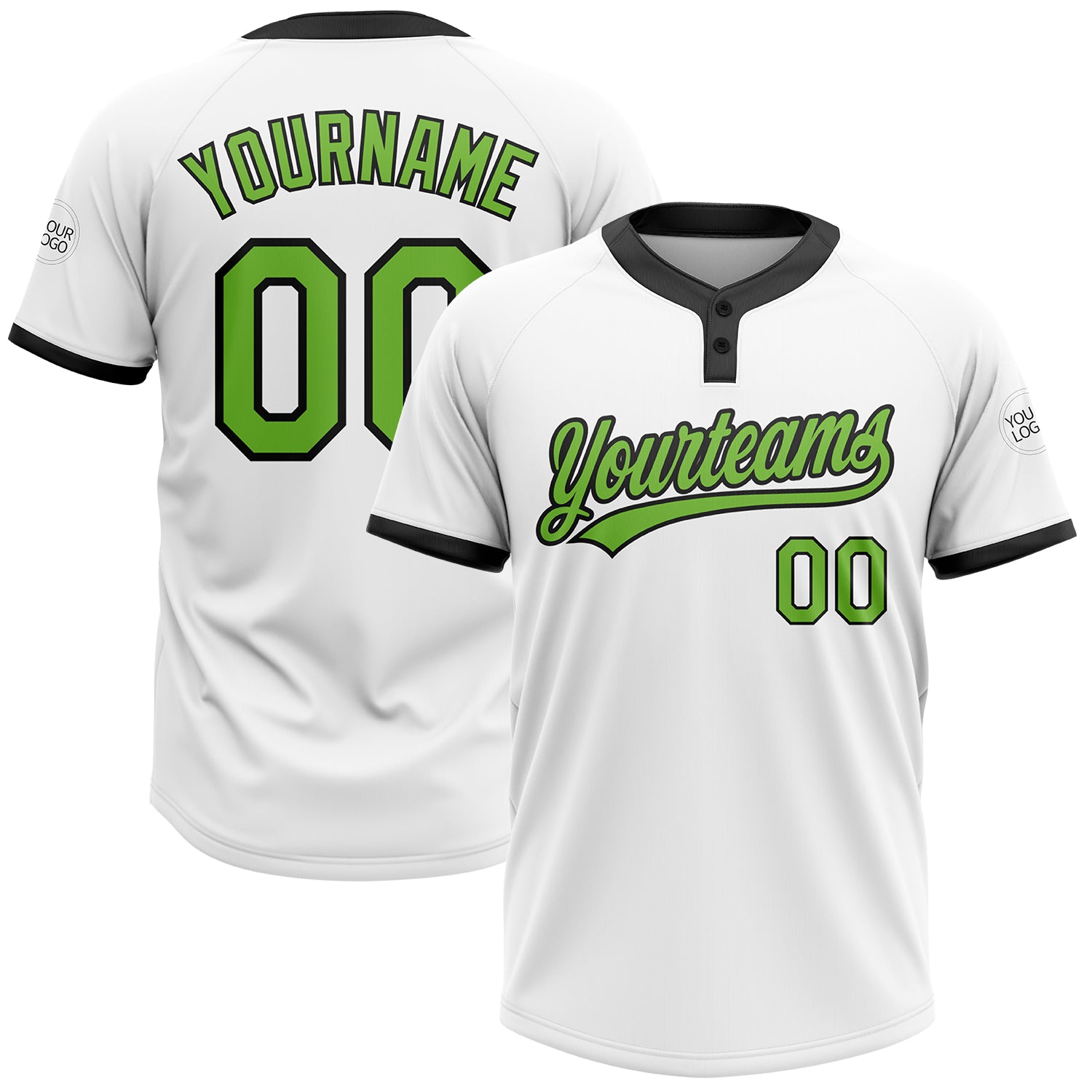 Custom Name and Number Unisex Softball Jersey in White and Neon Green-Black, Personalized Two-Button Design Personalized